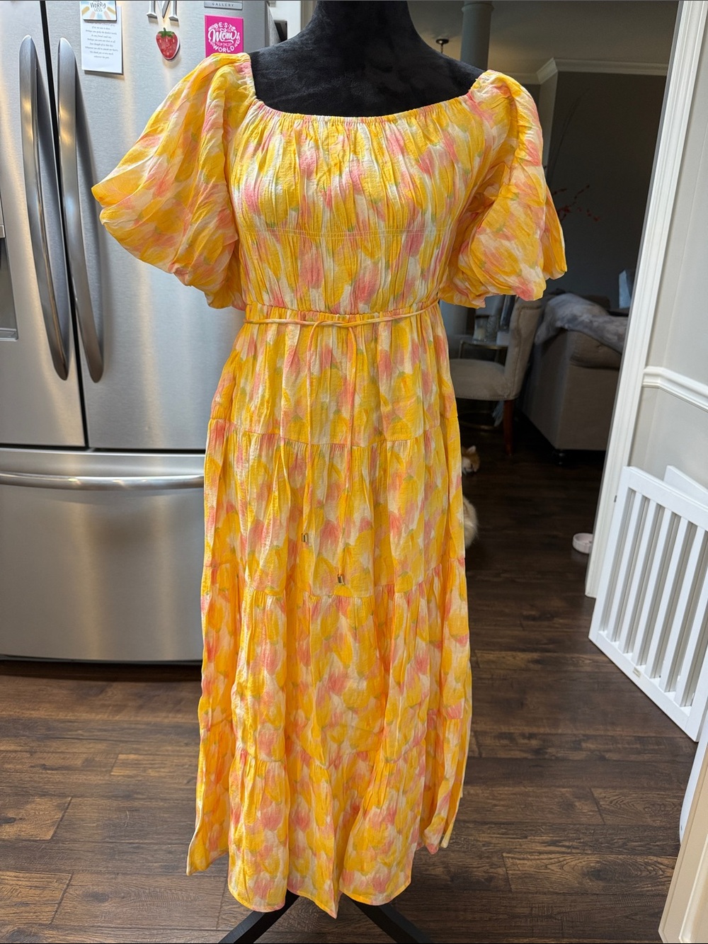Sunlit Apricot Brushstroke Tiered Maxi Dress with Puff Sleeves large